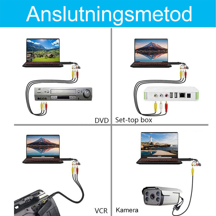"Bärbart USB-video Capture-kort ansluts till PC/Mac via USB, kompakt design för att digitalisera analoga videor."