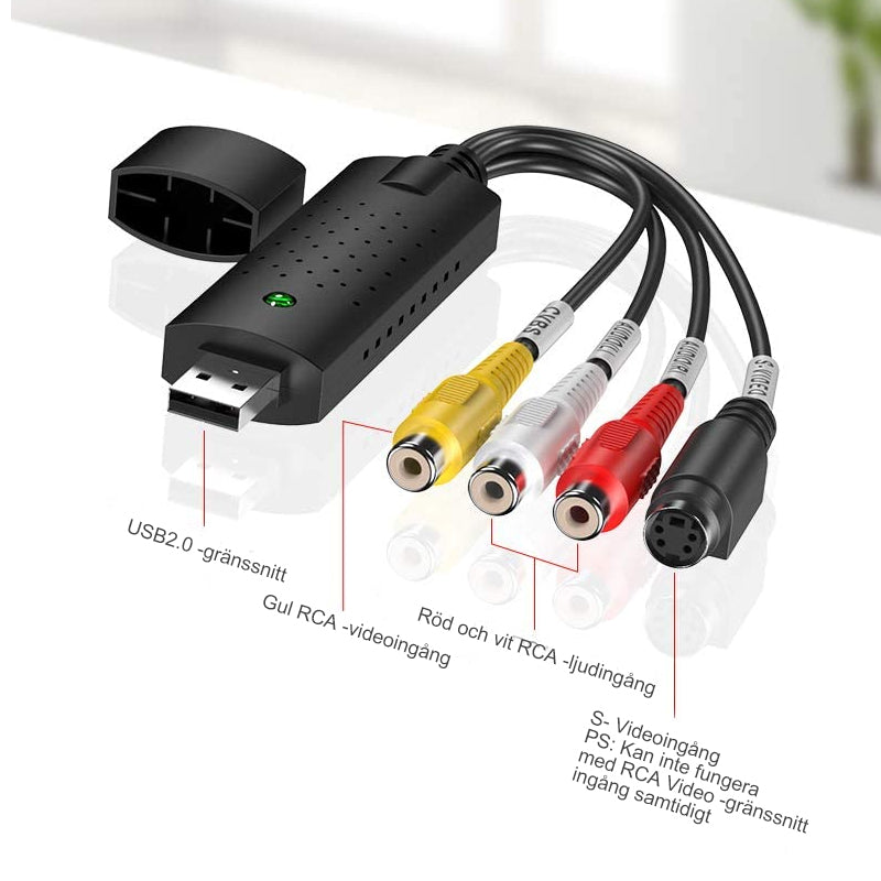 "Bärbart USB-video Capture-kort ansluts till PC/Mac via USB, kompakt design för att digitalisera analoga videor."