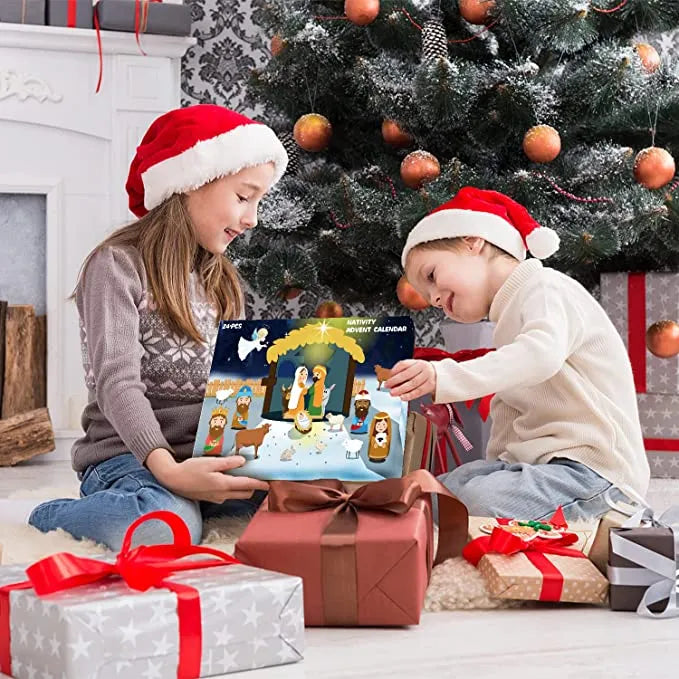 "Barn adventskalender med krubba, 24 överraskningar, figurer, djur och juldekorationer i färgglada plastmaterial."