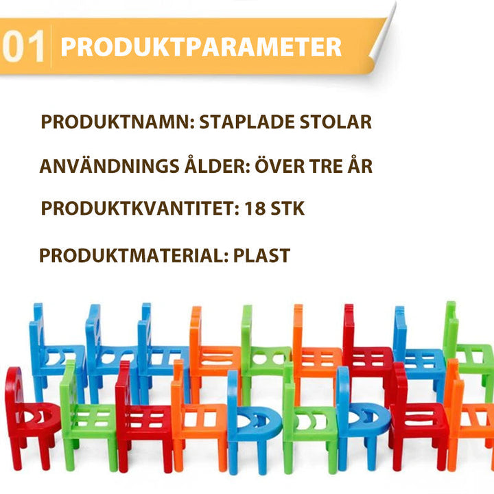 "Barn leker med staplingsbara stolar i färgglada nyanser, främjar finmotorik och kreativt tänkande, perfekt leksaksspel."