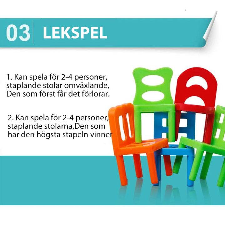 "Barn leker med staplingsbara stolar i färgglada nyanser, främjar finmotorik och kreativt tänkande, perfekt leksaksspel."