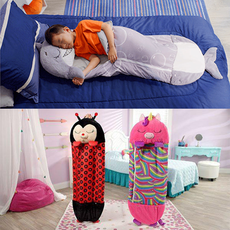 "Barns lekkudde och sovsäck med djurkaraktär, mjukt plysch, dragkedja, 2-i-1-design för lek och vila."