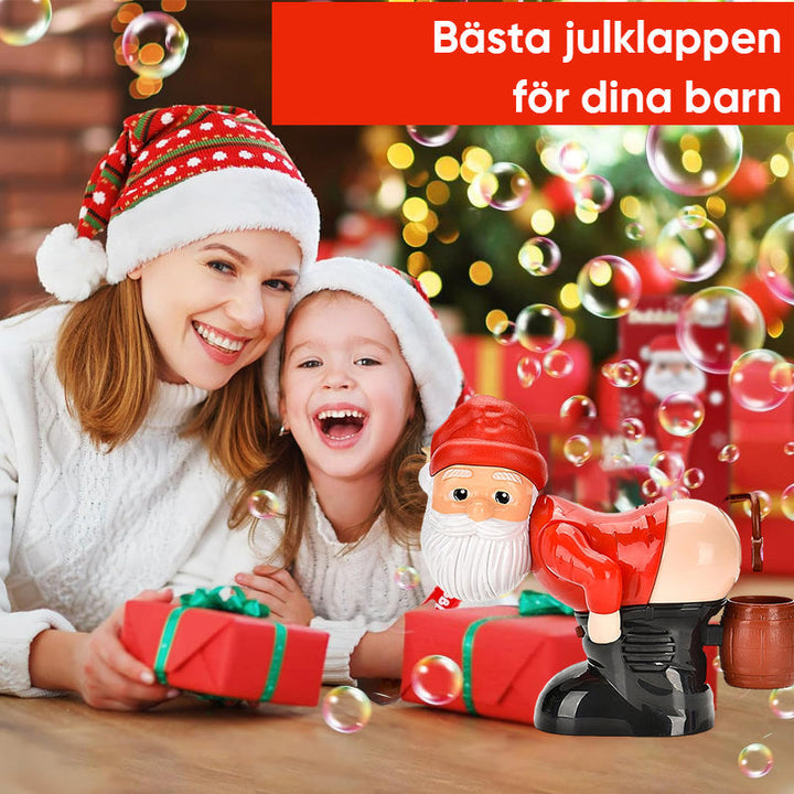 "Barnvänlig jultomte-inspirerad bubbelmaskin med färgglada bubblor, blinkande ljus och musik för magisk julstämning."