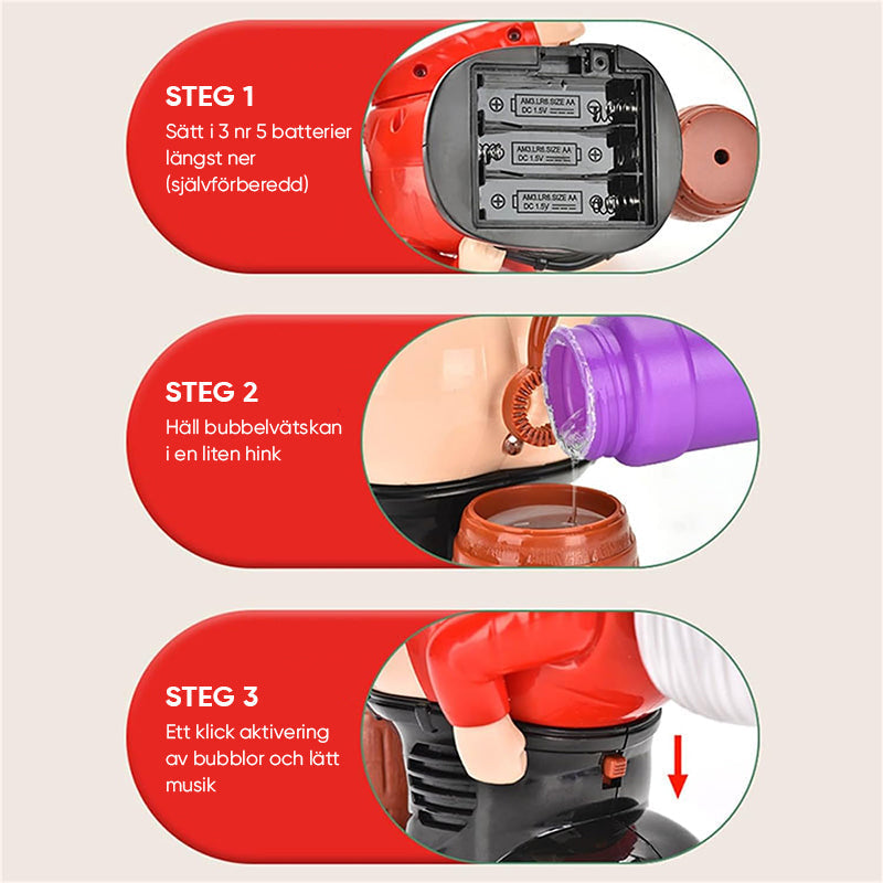 "Barnvänlig jultomte-inspirerad bubbelmaskin med färgglada bubblor, blinkande ljus och musik för magisk julstämning."