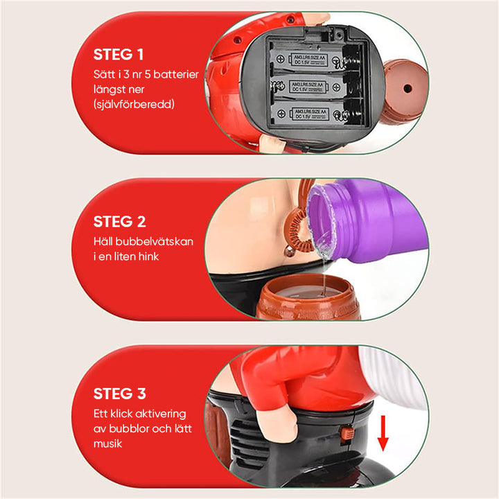 "Barnvänlig jultomte-inspirerad bubbelmaskin med färgglada bubblor, blinkande ljus och musik för magisk julstämning."