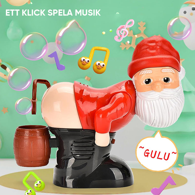 "Barnvänlig jultomte-inspirerad bubbelmaskin med färgglada bubblor, blinkande ljus och musik för magisk julstämning."