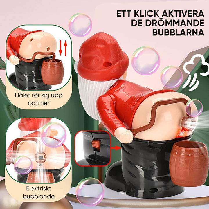 "Barnvänlig jultomte-inspirerad bubbelmaskin med färgglada bubblor, blinkande ljus och musik för magisk julstämning."