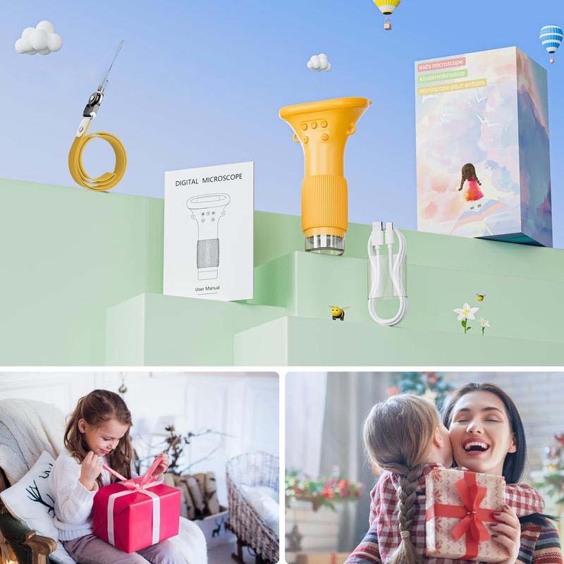Barnvetenskapsmikroskop med färgdisplay, kompakt design, kraftfull förstoring och LED-belysning för unga forskare.