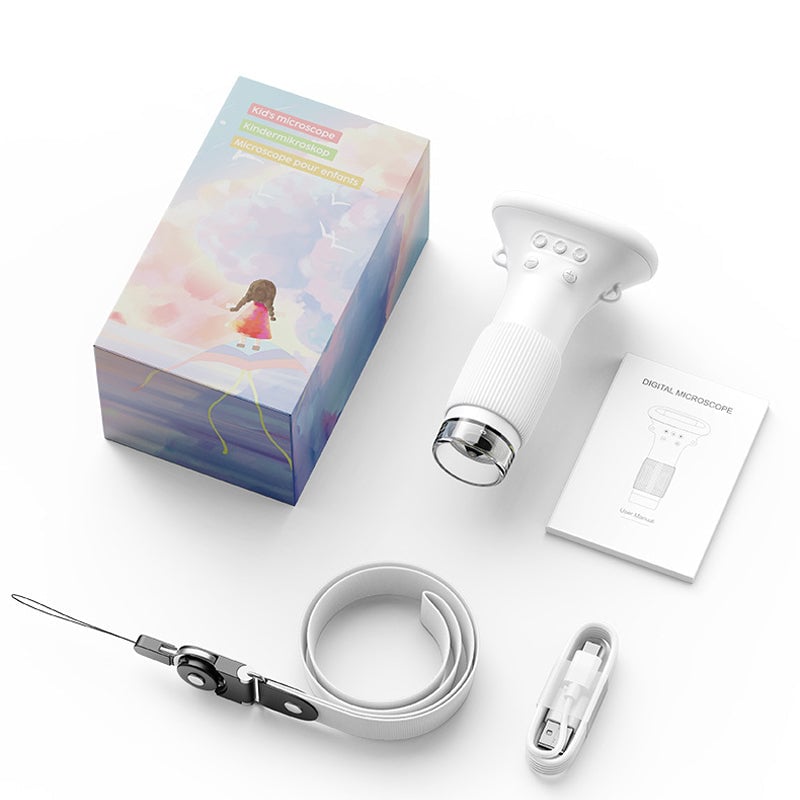 Barnvetenskapsmikroskop med färgdisplay, kompakt design, kraftfull förstoring och LED-belysning för unga forskare.