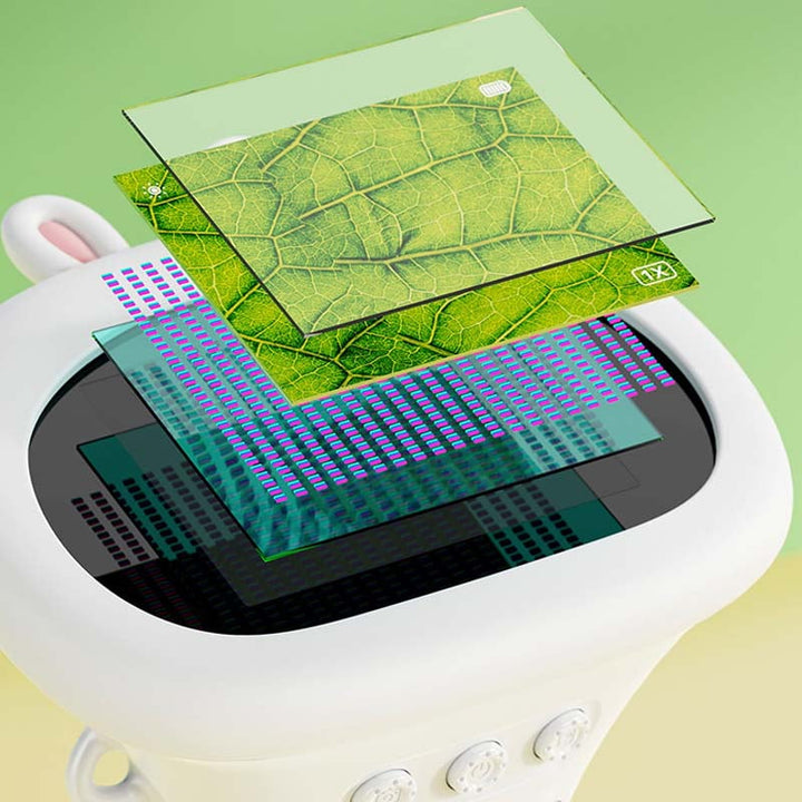 Barnvetenskapsmikroskop med färgdisplay, kompakt design, kraftfull förstoring och LED-belysning för unga forskare.