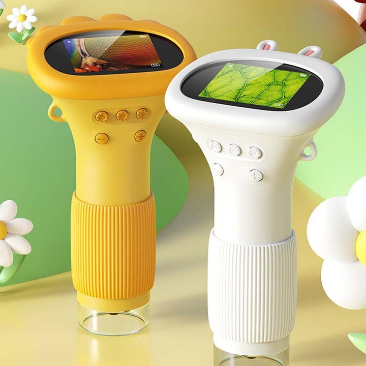 Barnvetenskapsmikroskop med färgdisplay, kompakt design, kraftfull förstoring och LED-belysning för unga forskare.