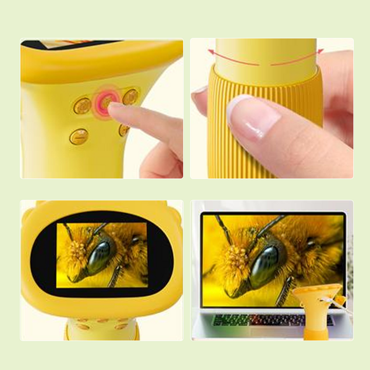 Barnvetenskapsmikroskop med färgdisplay, kompakt design, kraftfull förstoring och LED-belysning för unga forskare.