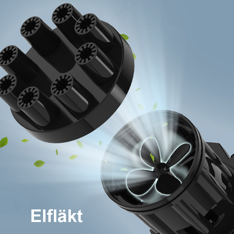 "Batteridriven såpbubbelpistol för barn med färgglada bubblor och ergonomiskt handtag i grön, rosa, gul och svart"