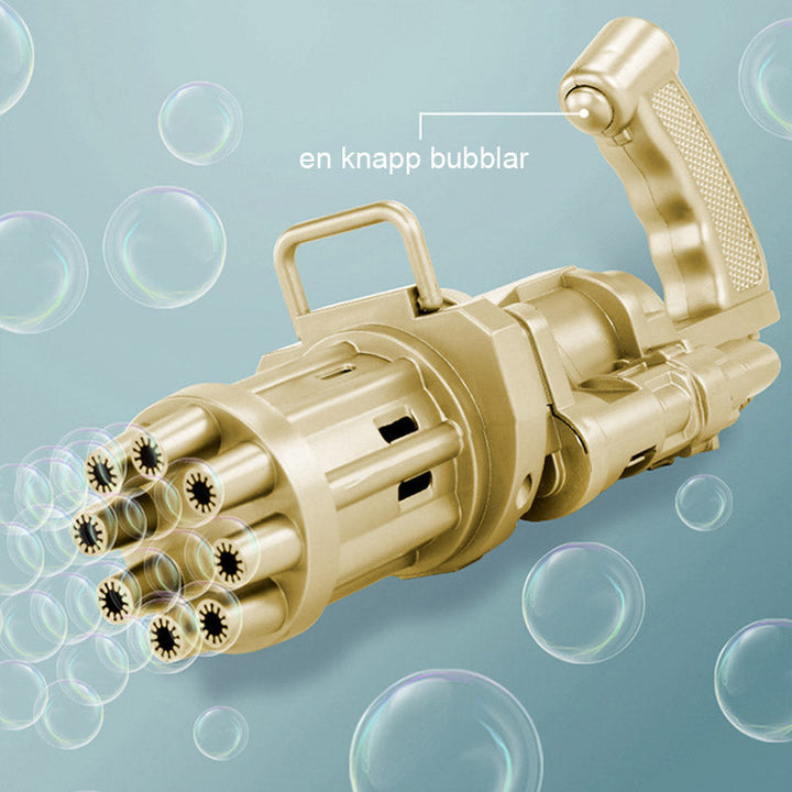 "Batteridriven såpbubbelpistol för barn med färgglada bubblor och ergonomiskt handtag i grön, rosa, gul och svart"