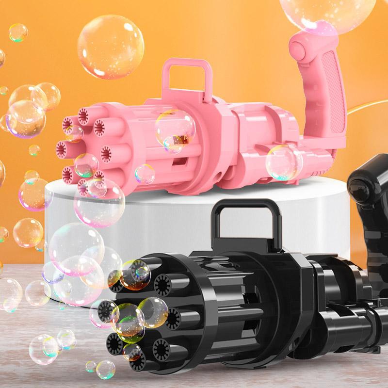 "Batteridriven såpbubbelpistol för barn med färgglada bubblor och ergonomiskt handtag i grön, rosa, gul och svart"