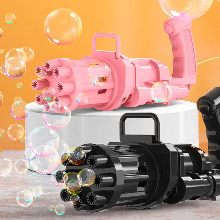 "Batteridriven såpbubbelpistol för barn med färgglada bubblor och ergonomiskt handtag i grön, rosa, gul och svart"