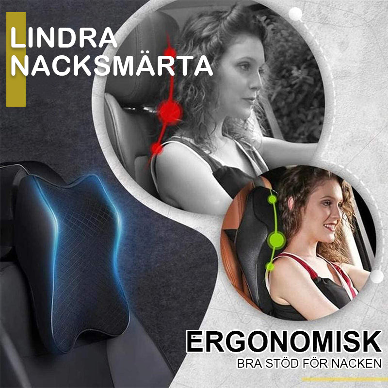 "Beige ergonomisk nackkudde med minnesskum för bilsäte; erbjuder komfort och stöd vid långa bilresor."