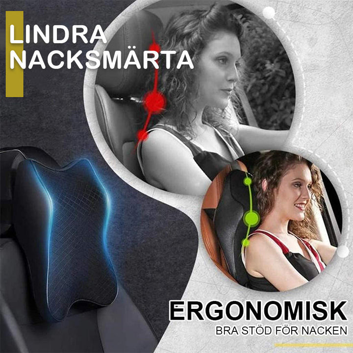 "Beige ergonomisk nackkudde med minnesskum för bilsäte; erbjuder komfort och stöd vid långa bilresor."