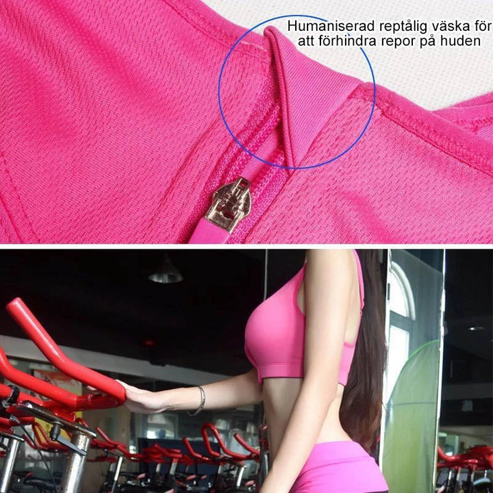 "Bekväm kvinnors sport-BH med blixtlås fram, medelstöd och avtagbara inlägg, idealisk för träning och aktiviteter"