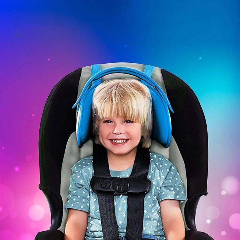 "Bekvämt barnhuvudstöd för bilbarnstol med justerbar passform, i blått mönster och grå, säker bilresa för barn."