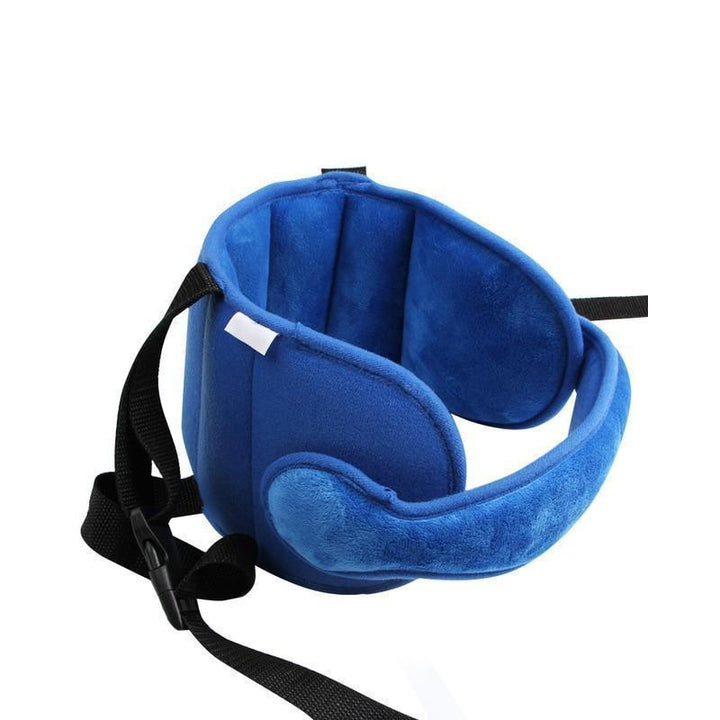 "Bekvämt barnhuvudstöd för bilbarnstol med justerbar passform, i blått mönster och grå, säker bilresa för barn."