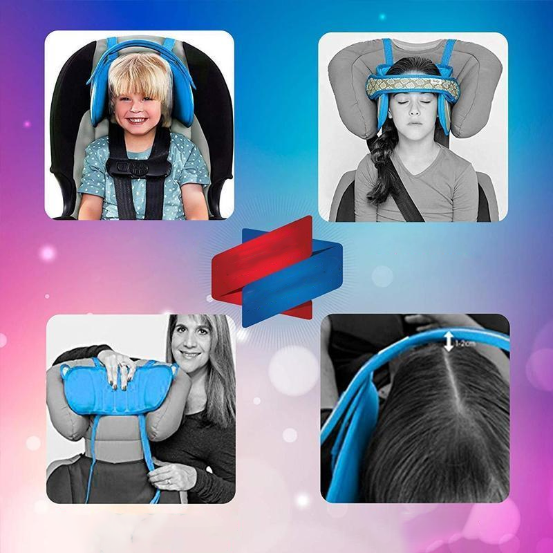 "Bekvämt barnhuvudstöd för bilbarnstol med justerbar passform, i blått mönster och grå, säker bilresa för barn."