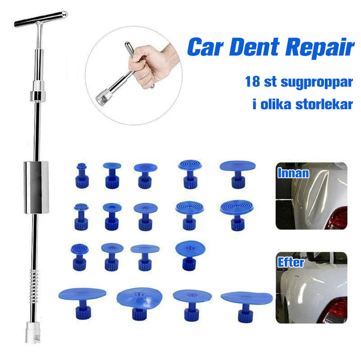 "Bil buckeldragare i silver och blå, 19 delar med justerbara sugproppar för effektiv buckelborttagning."