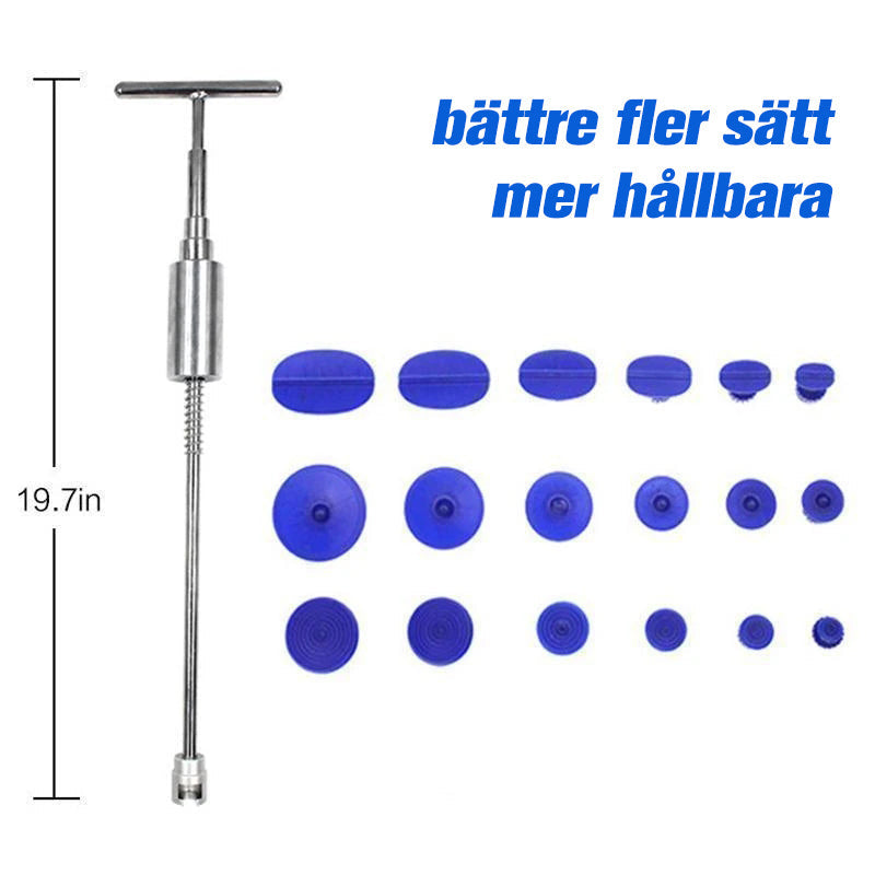"Bil buckeldragare i silver och blå, 19 delar med justerbara sugproppar för effektiv buckelborttagning."