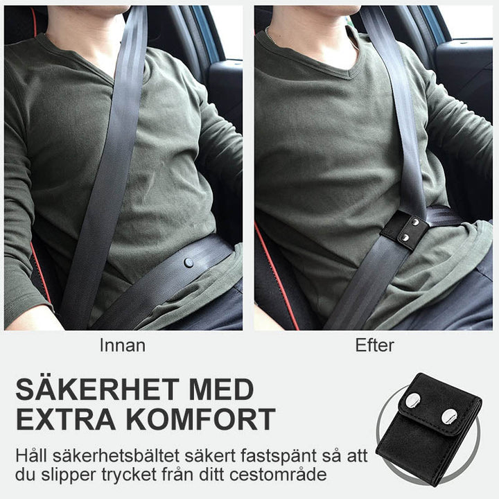 "Bilbältejusterare i premiumläder, brun färg, säker och bekväm för barn och vuxna i bilen."
