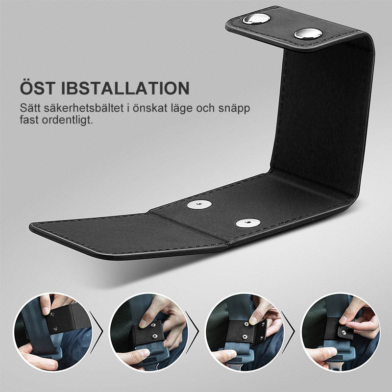 "Bilbältejusterare i premiumläder, brun färg, säker och bekväm för barn och vuxna i bilen."