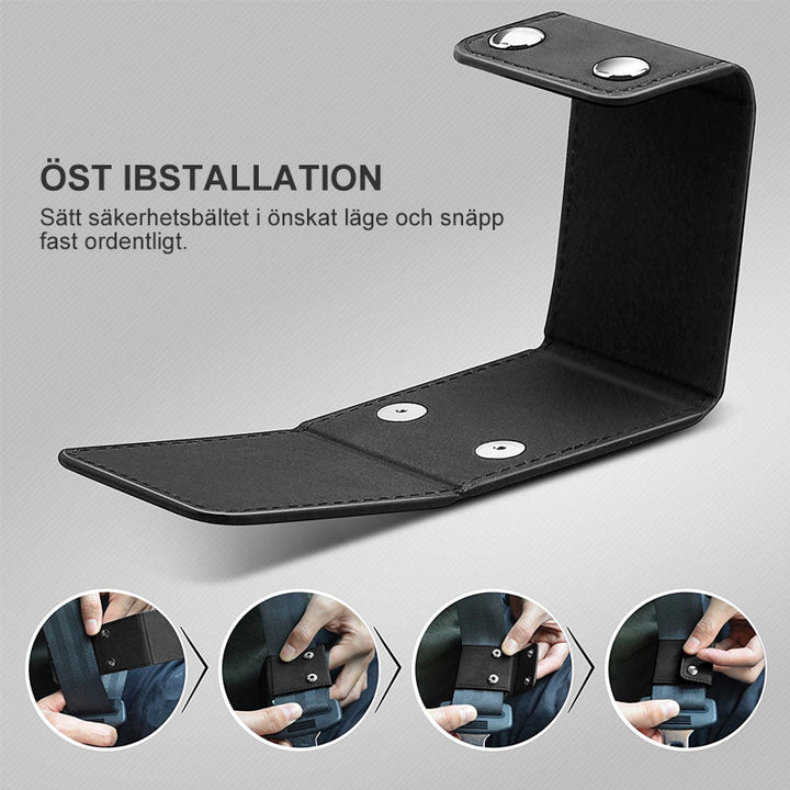 "Bilbältejusterare i premiumläder, brun färg, säker och bekväm för barn och vuxna i bilen."