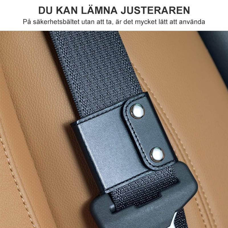 "Bilbältejusterare i premiumläder, brun färg, säker och bekväm för barn och vuxna i bilen."