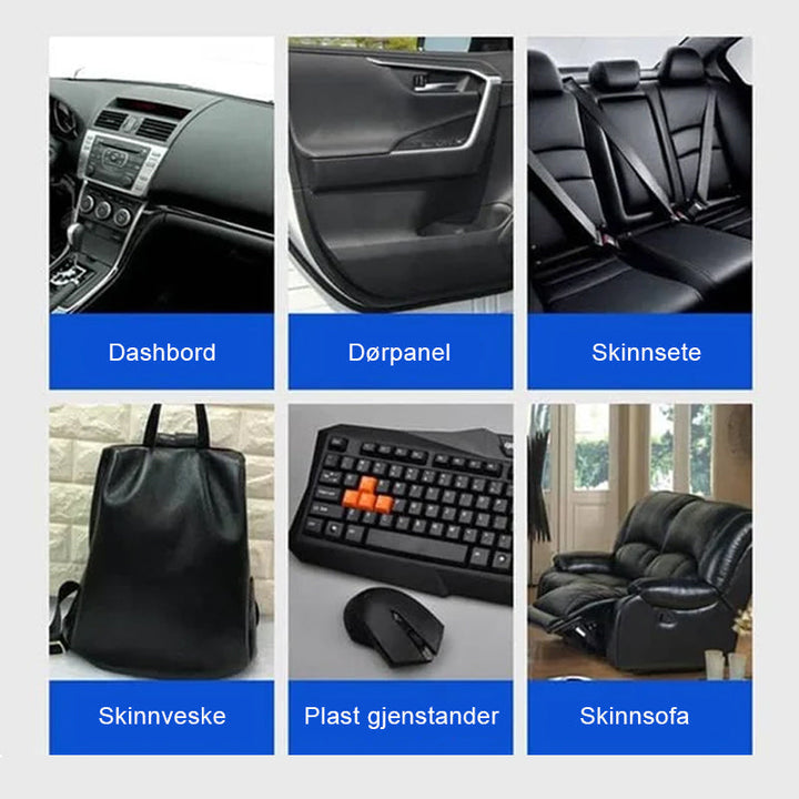 "Bilens interiörmedel för läder och plast, skyddar mot UV och oxidation, ger omedelbar glans och nybilskänsla."