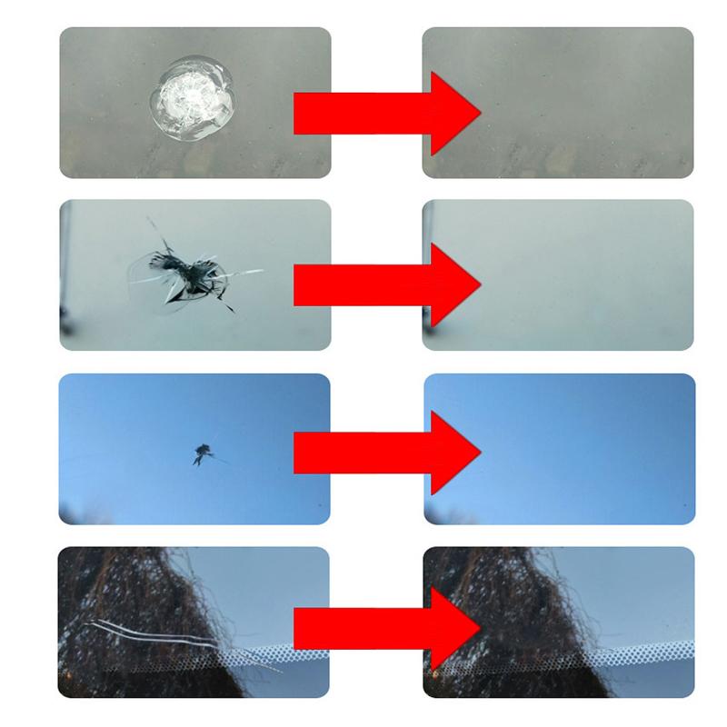 "Bilglas reparationsset med hartsflaska och applikator, effektivt för stenskott och sprickor på bilrutor, enkel användning."