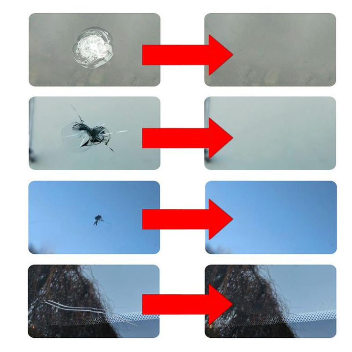 "Bilglas reparationsset med hartsflaska och applikator, effektivt för stenskott och sprickor på bilrutor, enkel användning."