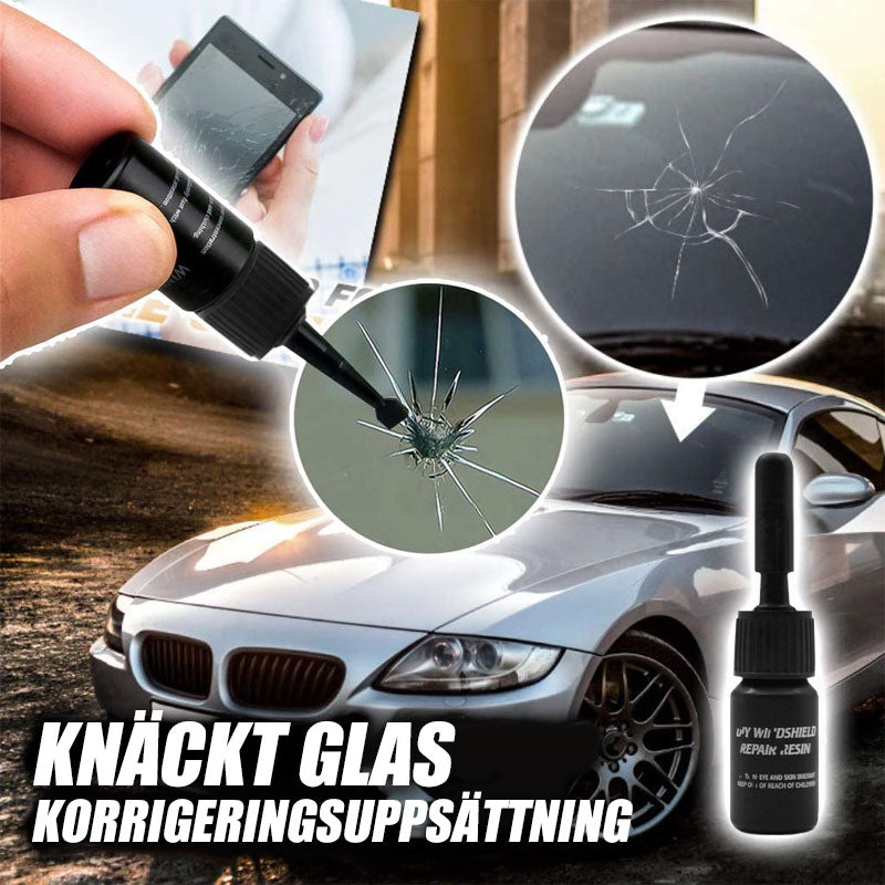 "Bilglas reparationsset med hartsflaska och applikator, effektivt för stenskott och sprickor på bilrutor, enkel användning."
