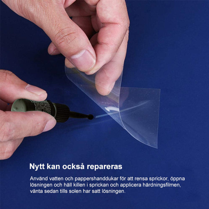 "Bilglas reparationsset med hartsflaska och applikator, effektivt för stenskott och sprickor på bilrutor, enkel användning."