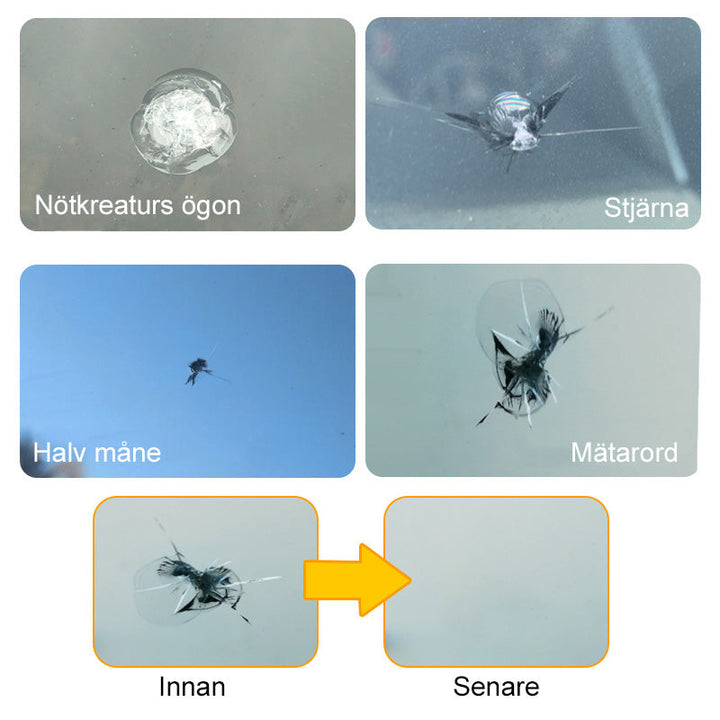 "Bilglas reparationsset med hartsflaska och applikator, effektivt för stenskott och sprickor på bilrutor, enkel användning."