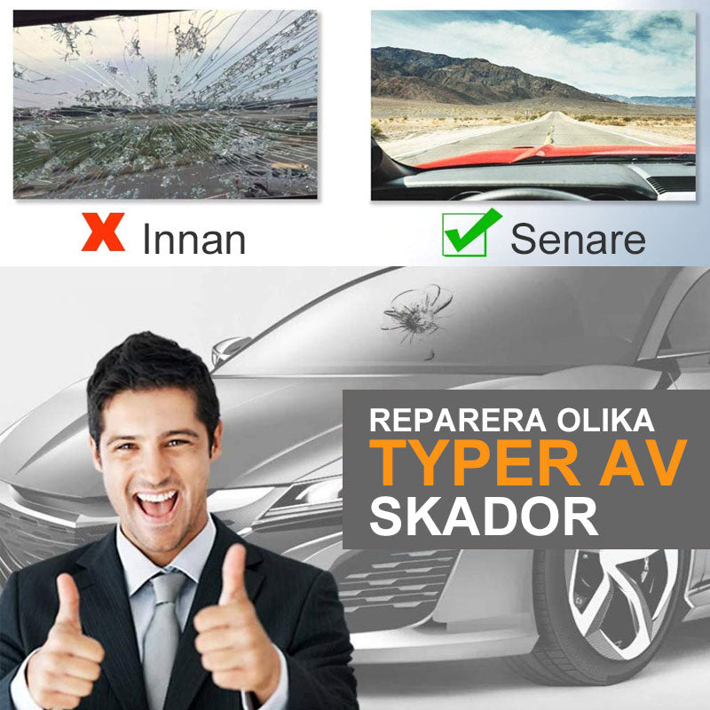 "Bilglas reparationsset med hartsflaska och applikator, effektivt för stenskott och sprickor på bilrutor, enkel användning."