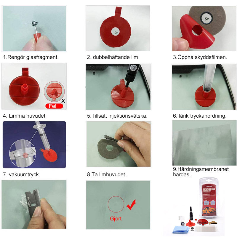 "Bilglas reparationsset med hartsflaska och applikator, effektivt för stenskott och sprickor på bilrutor, enkel användning."