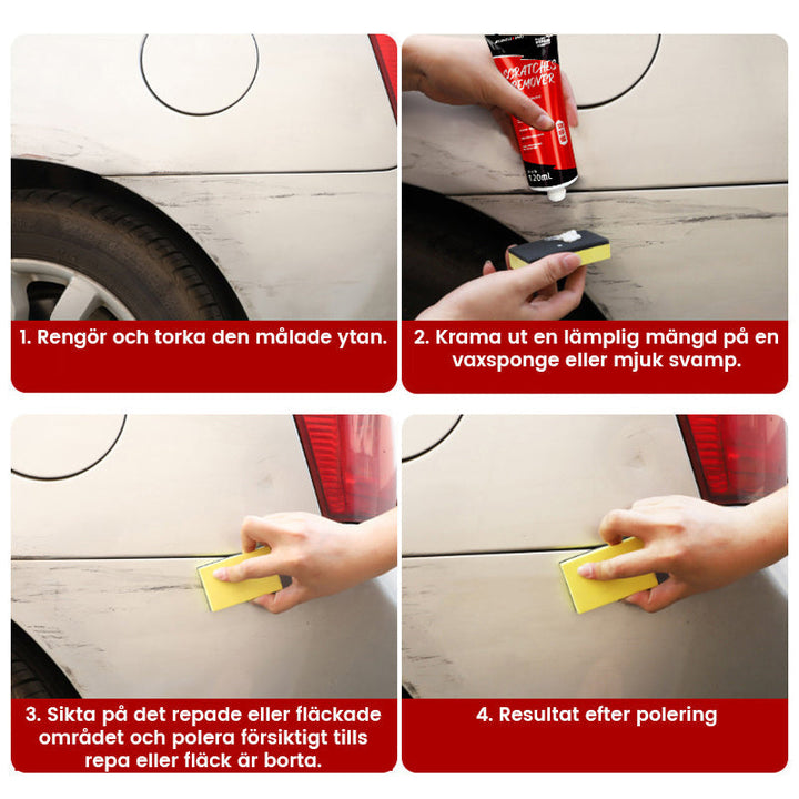 "Bilreparationsvax som återställer glans och tar bort repor med enkel applicering och reflekterande finish, 120 ml."
