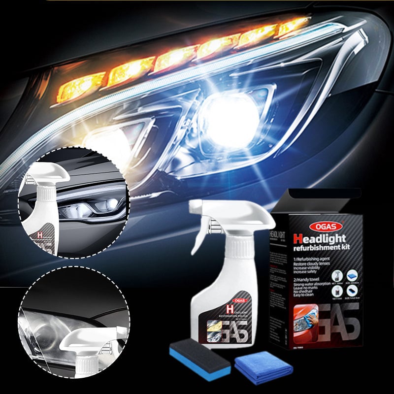 "Bilstrålkastarrengöringsspray, förbättrar ljusstyrkan, skyddar mot UV, klar flaska, förnyar bilstrålkastare snabbt."