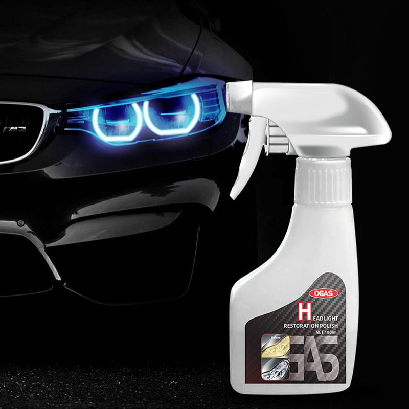 "Bilstrålkastarrengöringsspray, förbättrar ljusstyrkan, skyddar mot UV, klar flaska, förnyar bilstrålkastare snabbt."