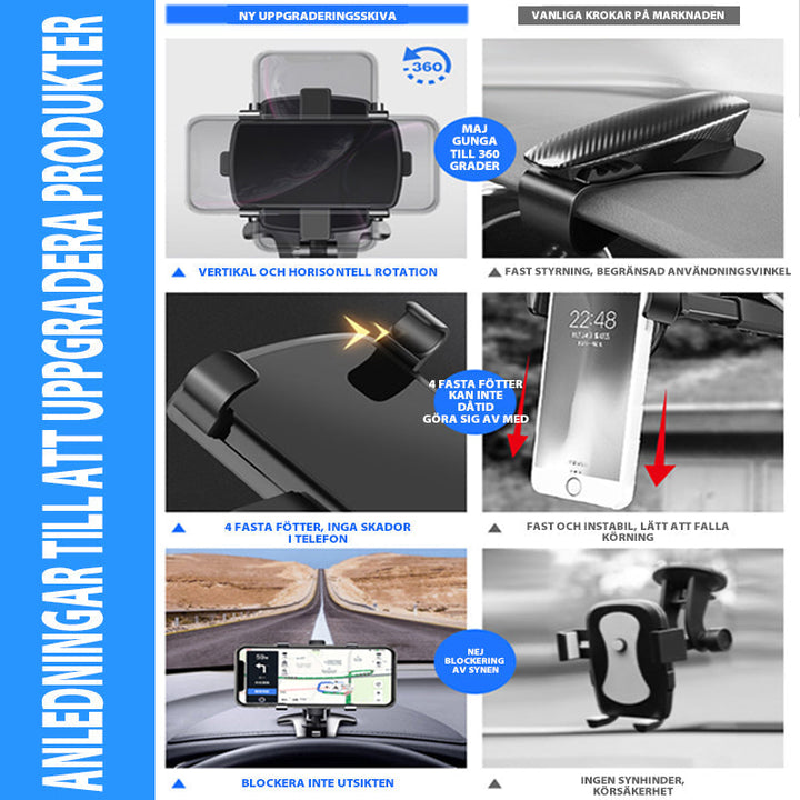 "Biltelefonhållare i svart ABS, elegant 360° rotation, värmebeständig, enkel installation, skyddskuddar mot repor."