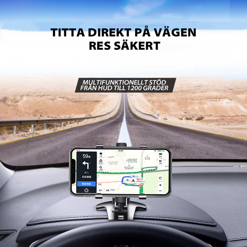 "Biltelefonhållare i svart ABS, elegant 360° rotation, värmebeständig, enkel installation, skyddskuddar mot repor."