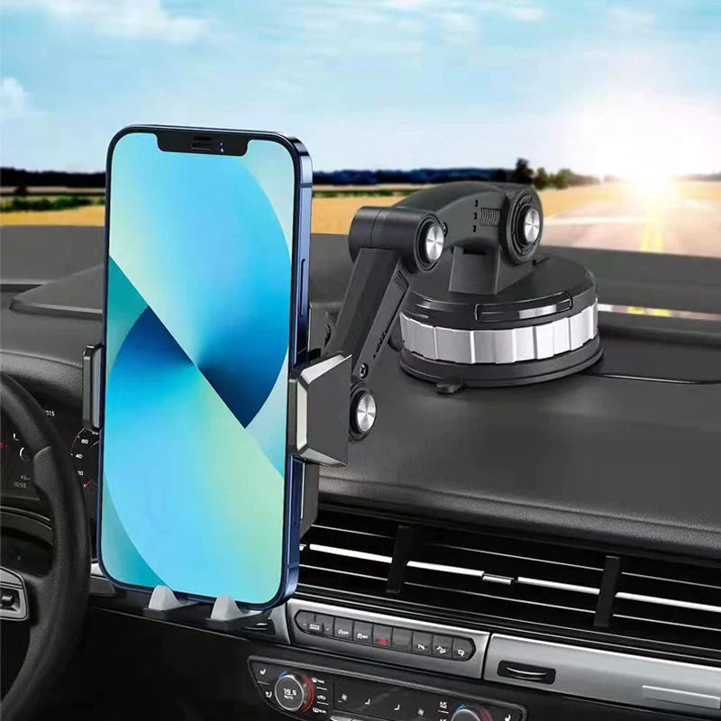 "Biltelefonhållare med 360° rotering, elegant design och kraftigt sugfäste för säker handsfree användning i bilen."