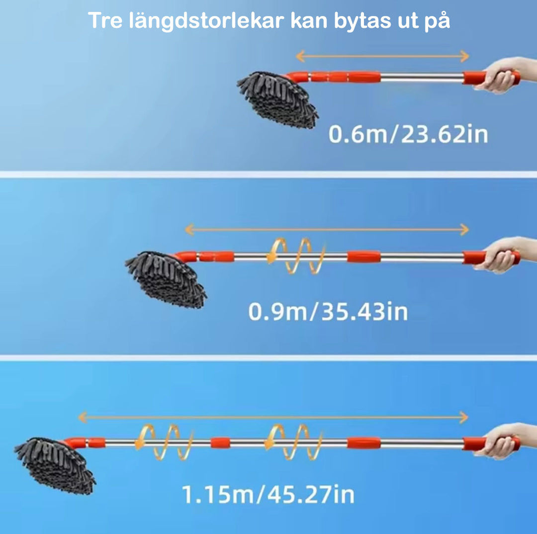 "Biltvättborste med teleskopiskt skaft och 180° roterande huvud, mjukt chenille-material för skonsam rengöring."