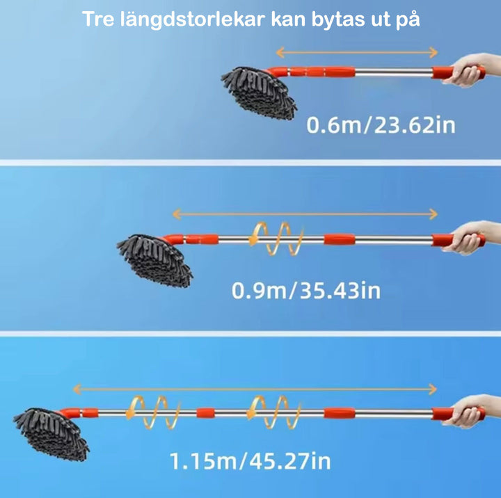 "Biltvättborste med teleskopiskt skaft och 180° roterande huvud, mjukt chenille-material för skonsam rengöring."