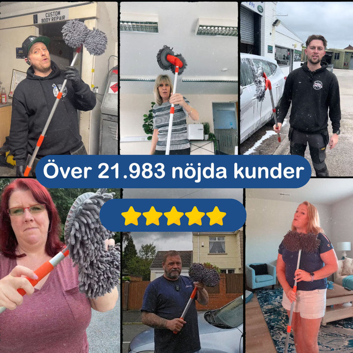 "Biltvättborste med teleskopiskt skaft och 180° roterande huvud, mjukt chenille-material för skonsam rengöring."
