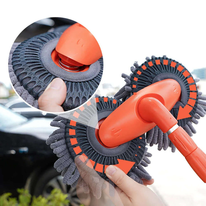 "Biltvättborste med teleskopiskt skaft och 180° roterande huvud, mjukt chenille-material för skonsam rengöring."